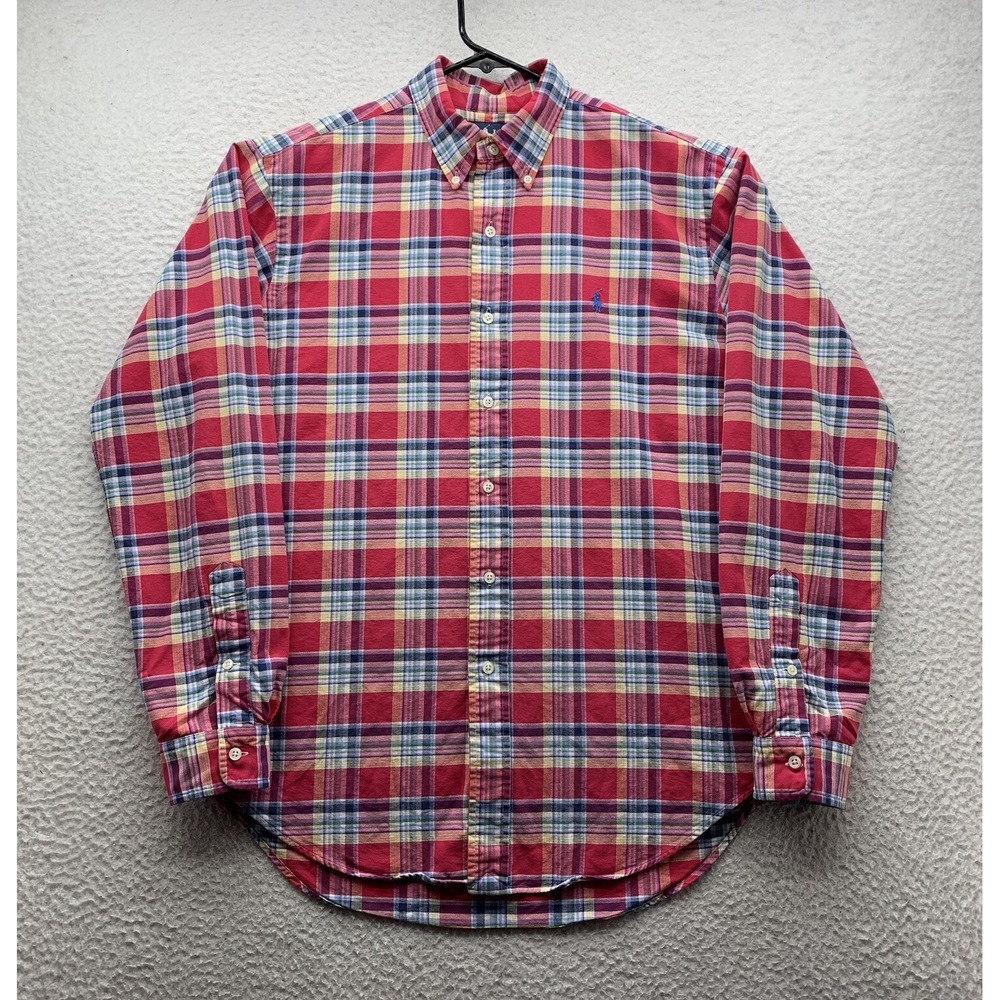 Ralph Lauren Button Up Shirt Mens Medium Classic Fit Pink Blue Plaid Preppy